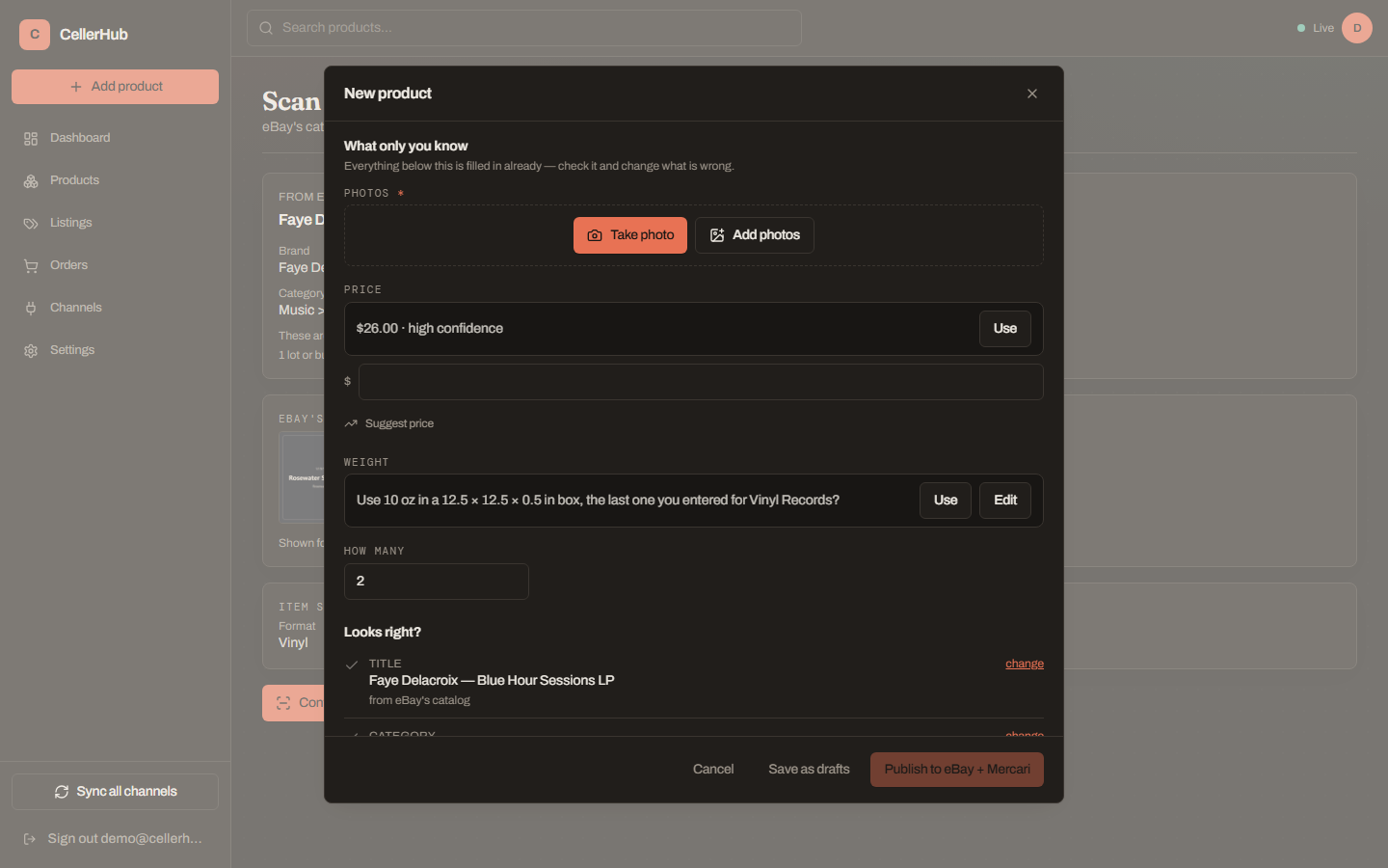 The confirm sheet after a scan, with condition, price and specifics already filled in and their sources shown underneath each field.