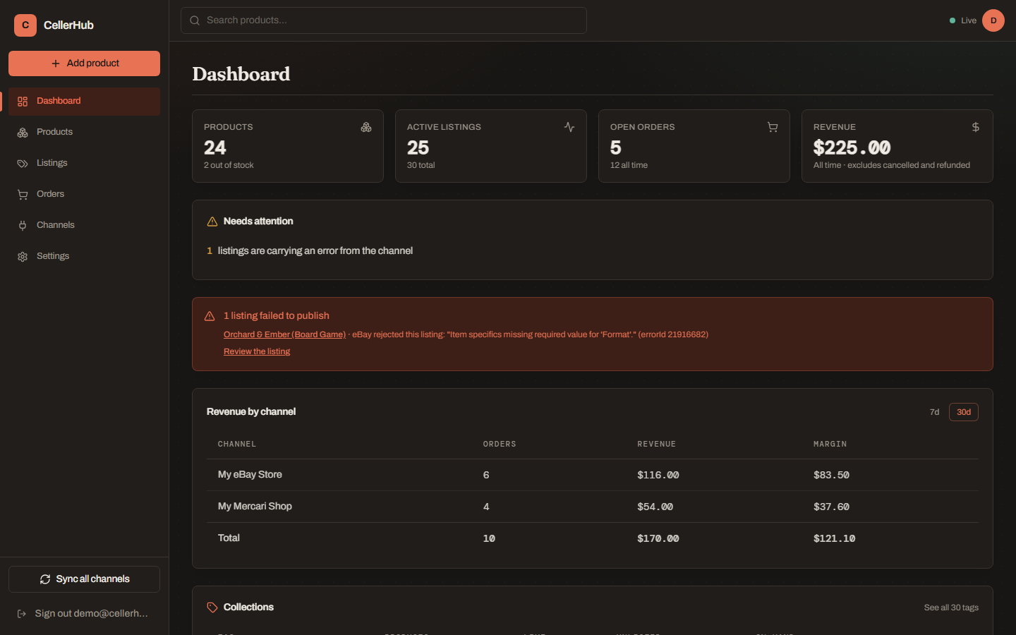 The dashboard showing recent sync activity across connected channels.