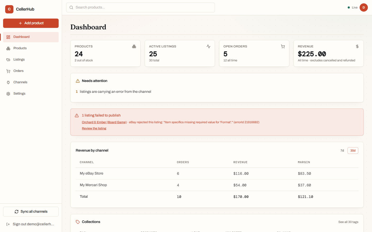 The dashboard showing recent sync activity across connected channels.