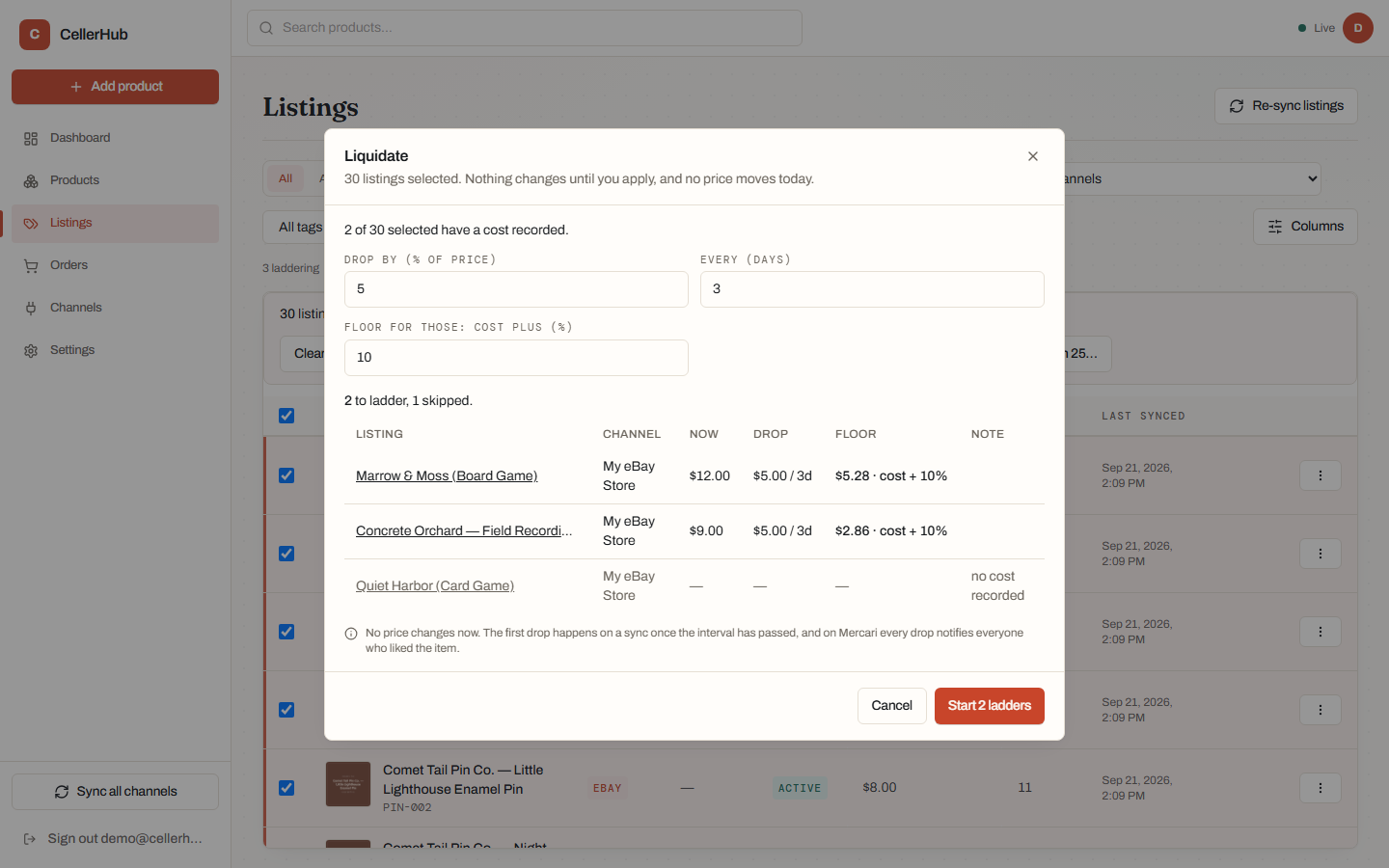 The Liquidate dialog, showing the drop percentage and interval fields, a floor markup over cost, and a preview list of listings with their new floor prices.