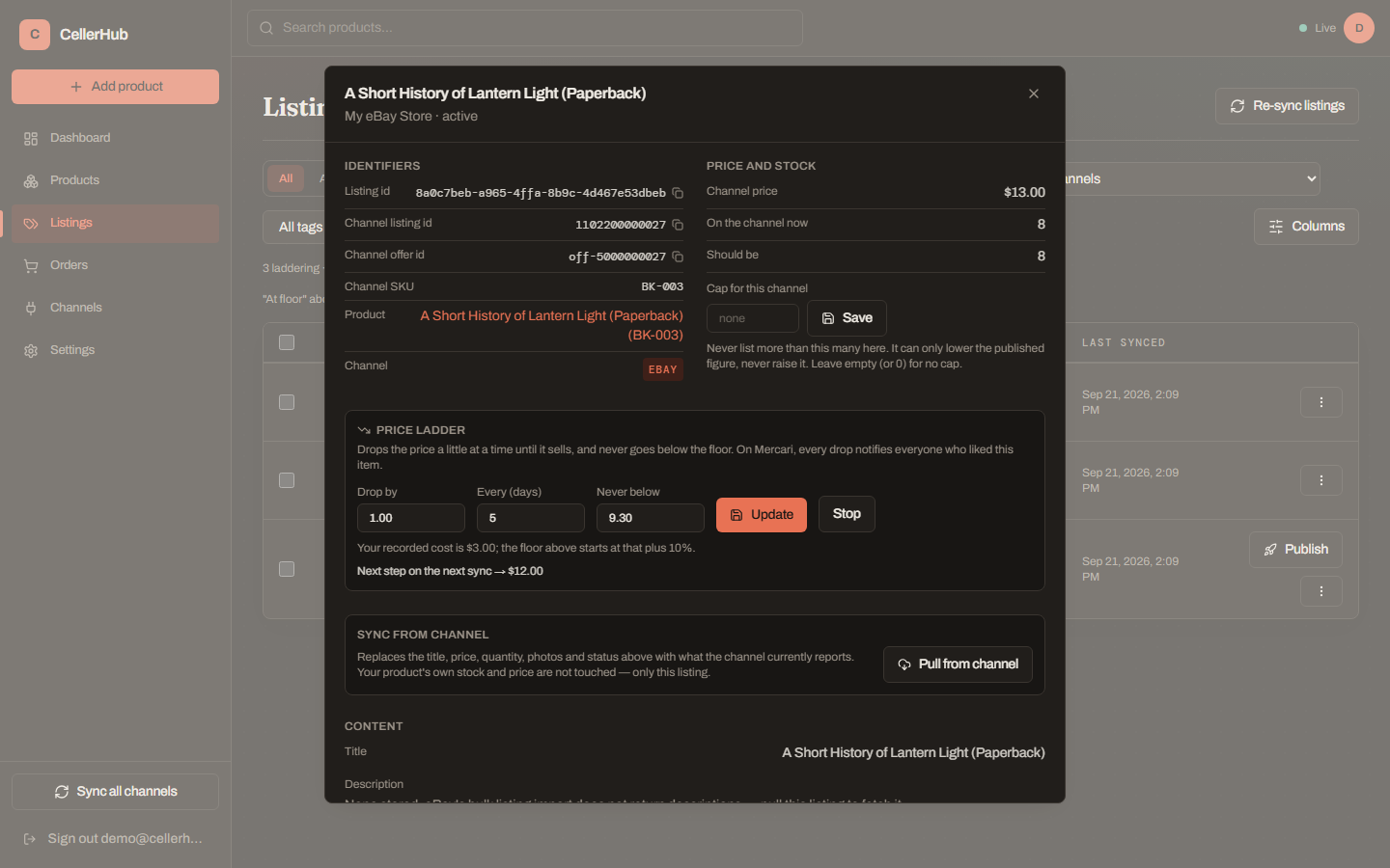 The Price ladder section on a listing's detail view, showing Drop by, Every (days) and Never below fields with a running ladder's next-drop status underneath.