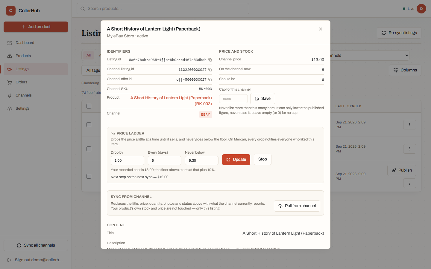 The Price ladder section on a listing's detail view, showing Drop by, Every (days) and Never below fields with a running ladder's next-drop status underneath.