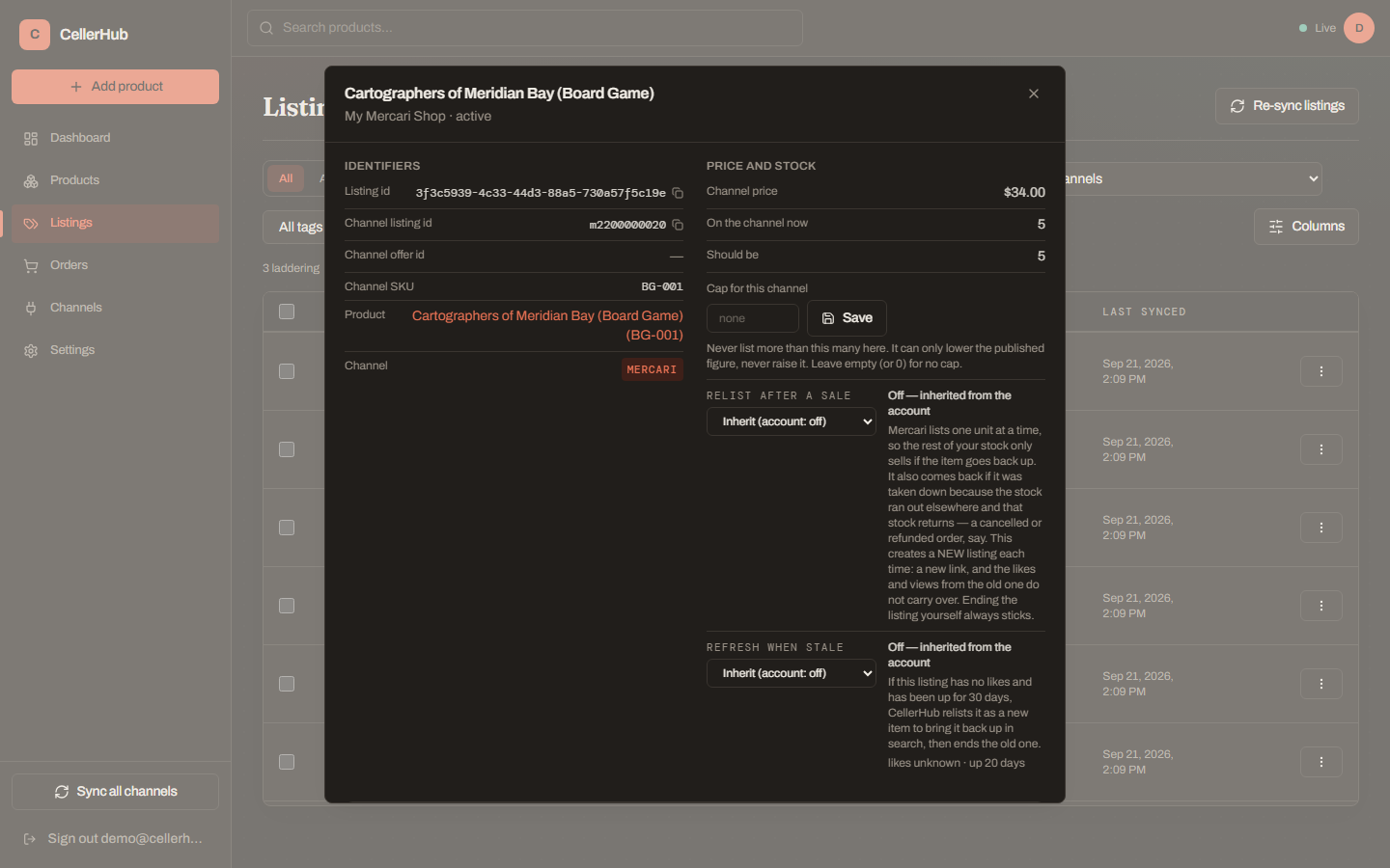 A listing's detail view, showing its status and channel.
