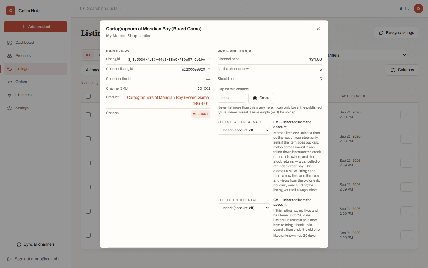 A listing's detail view, showing its status and channel.
