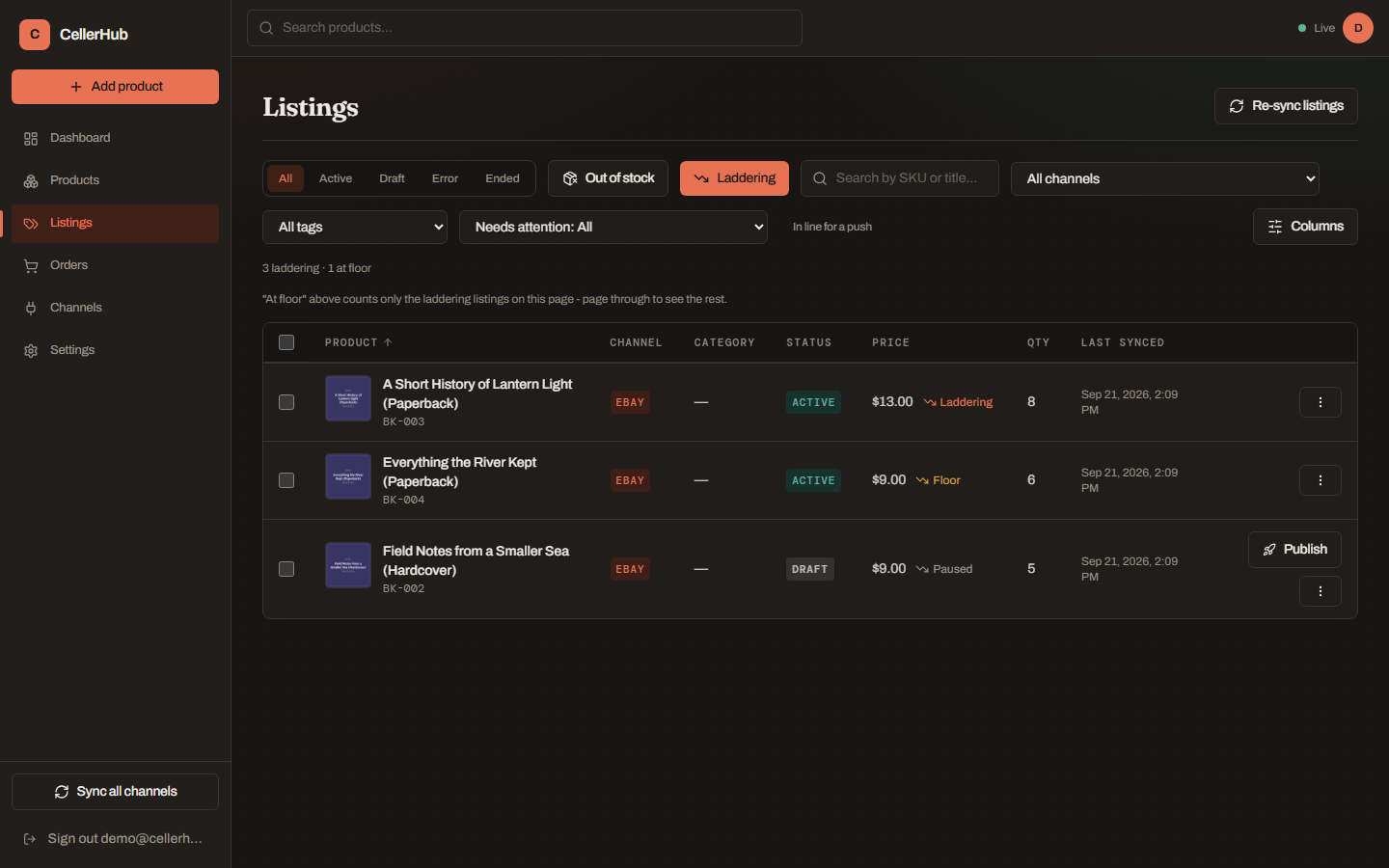 The Listings page, showing products published across multiple connected channels.