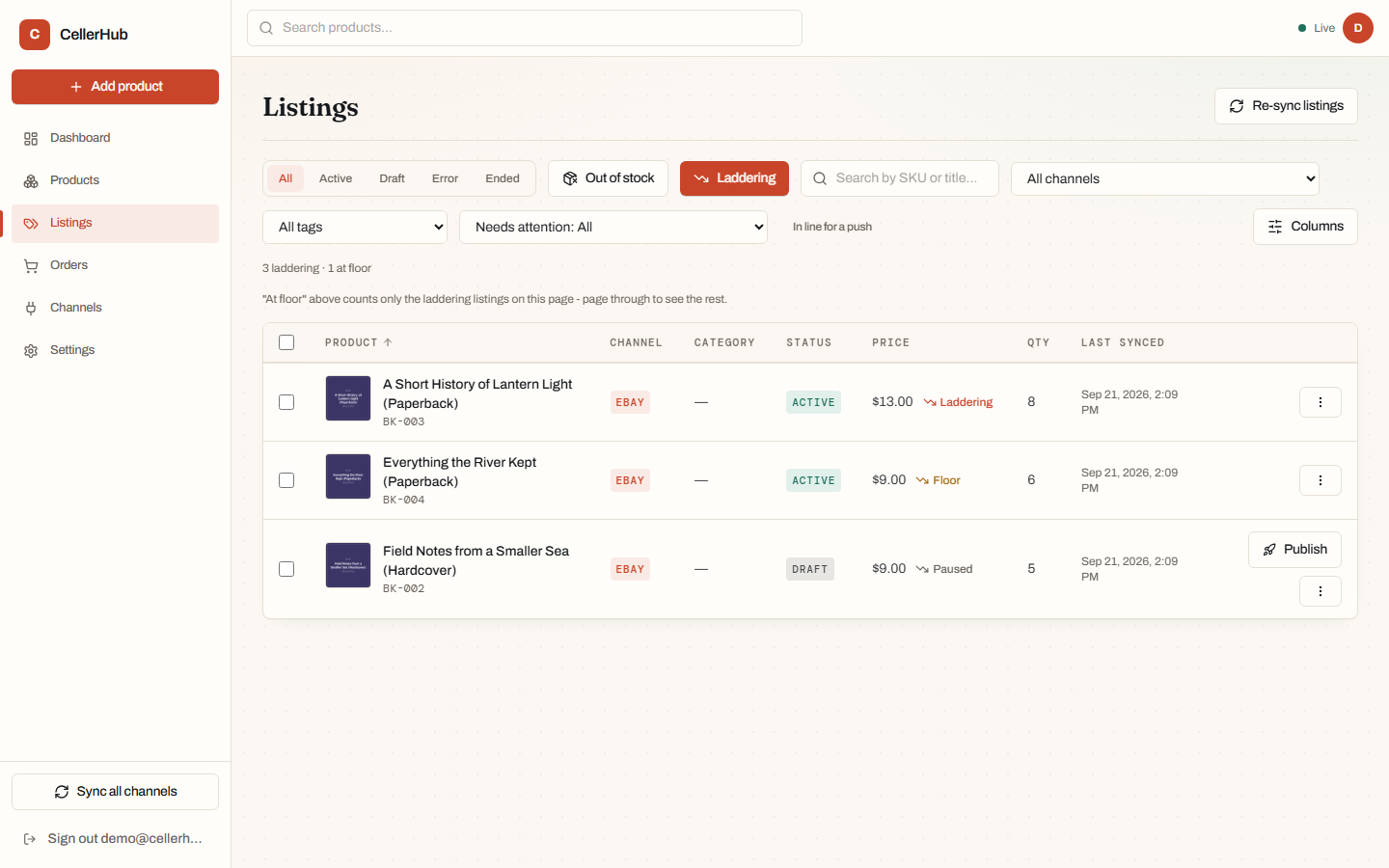 The Listings page, showing products published across multiple connected channels.