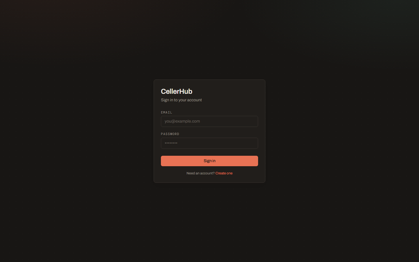 The CellerHub sign-in screen, with the option to create an account instead.