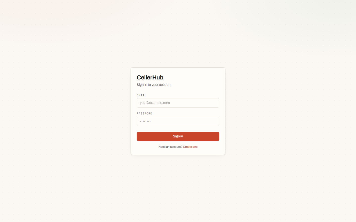The CellerHub sign-in screen, with the option to create an account instead.