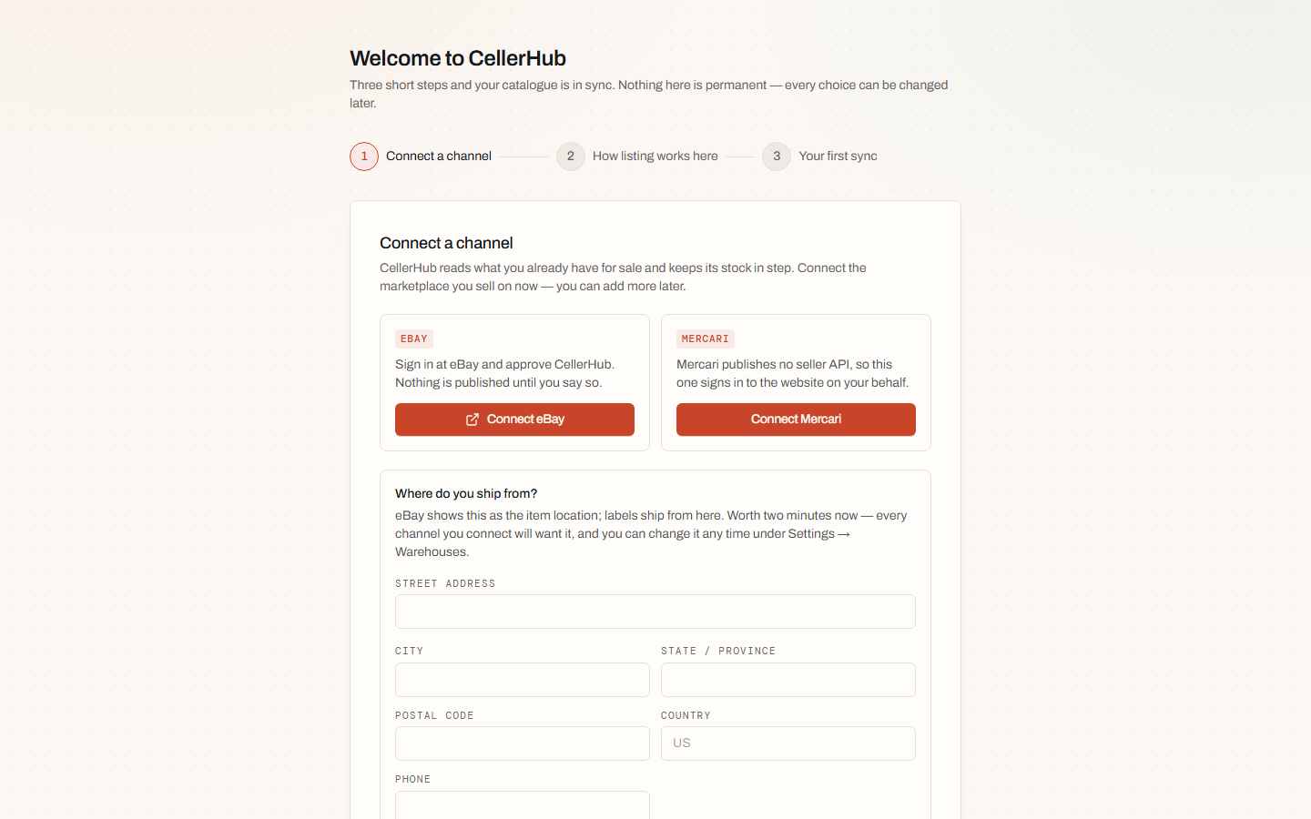 The Connect eBay dialog, with an account name field and the Open eBay consent button.
