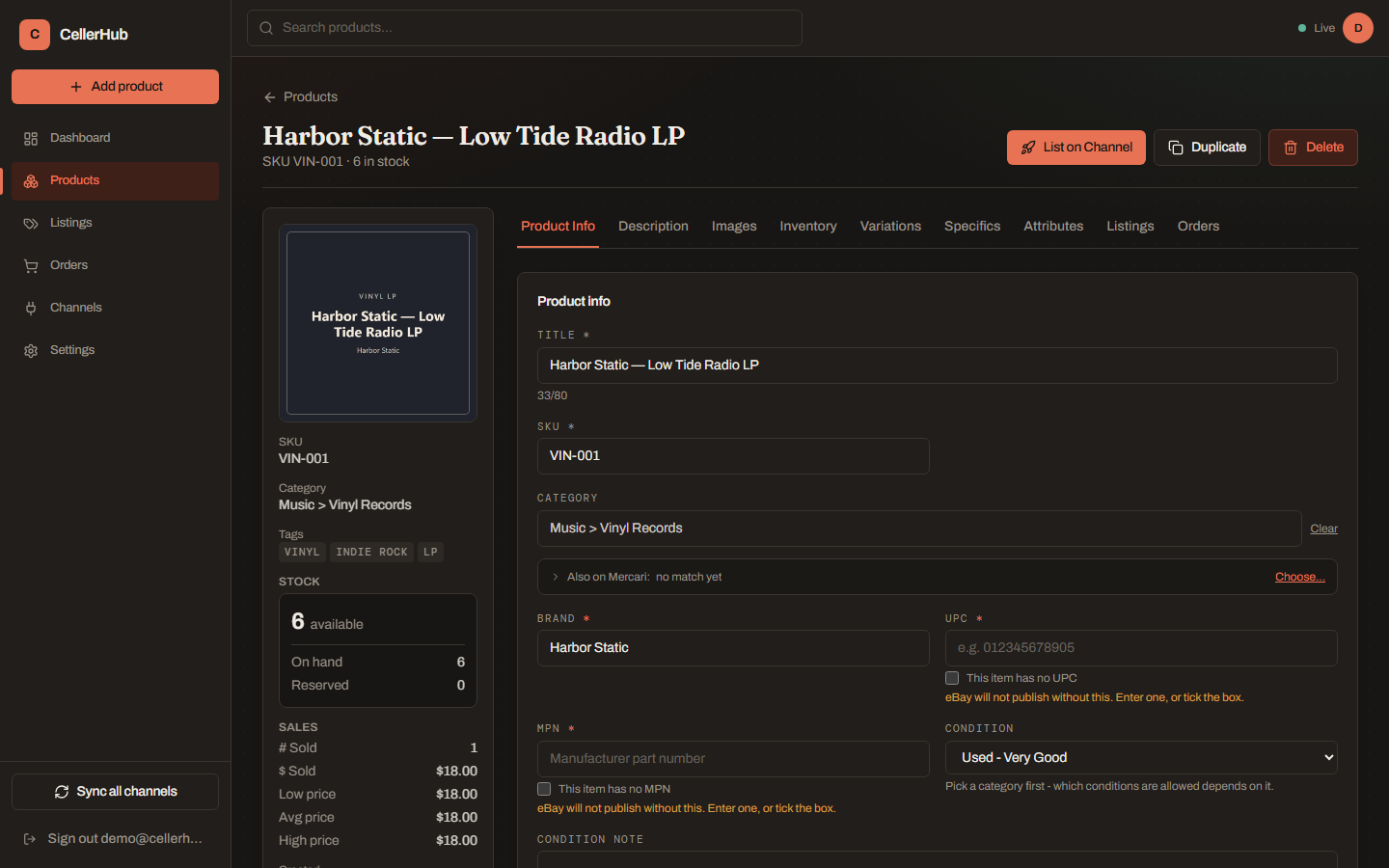 A product's Info tab with an unsaved edit, showing the unsaved-changes bar.