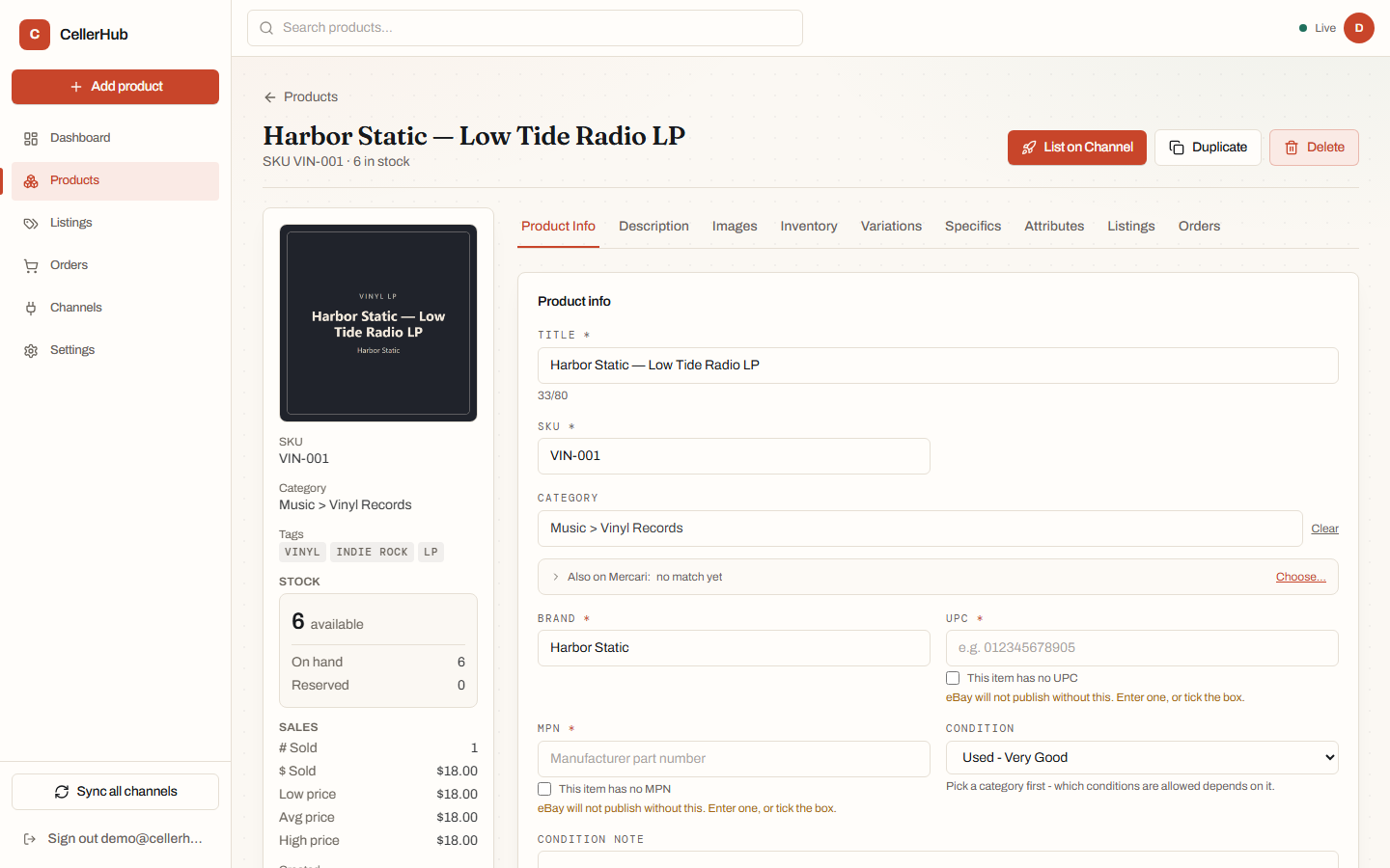 A product's Info tab with an unsaved edit, showing the unsaved-changes bar.