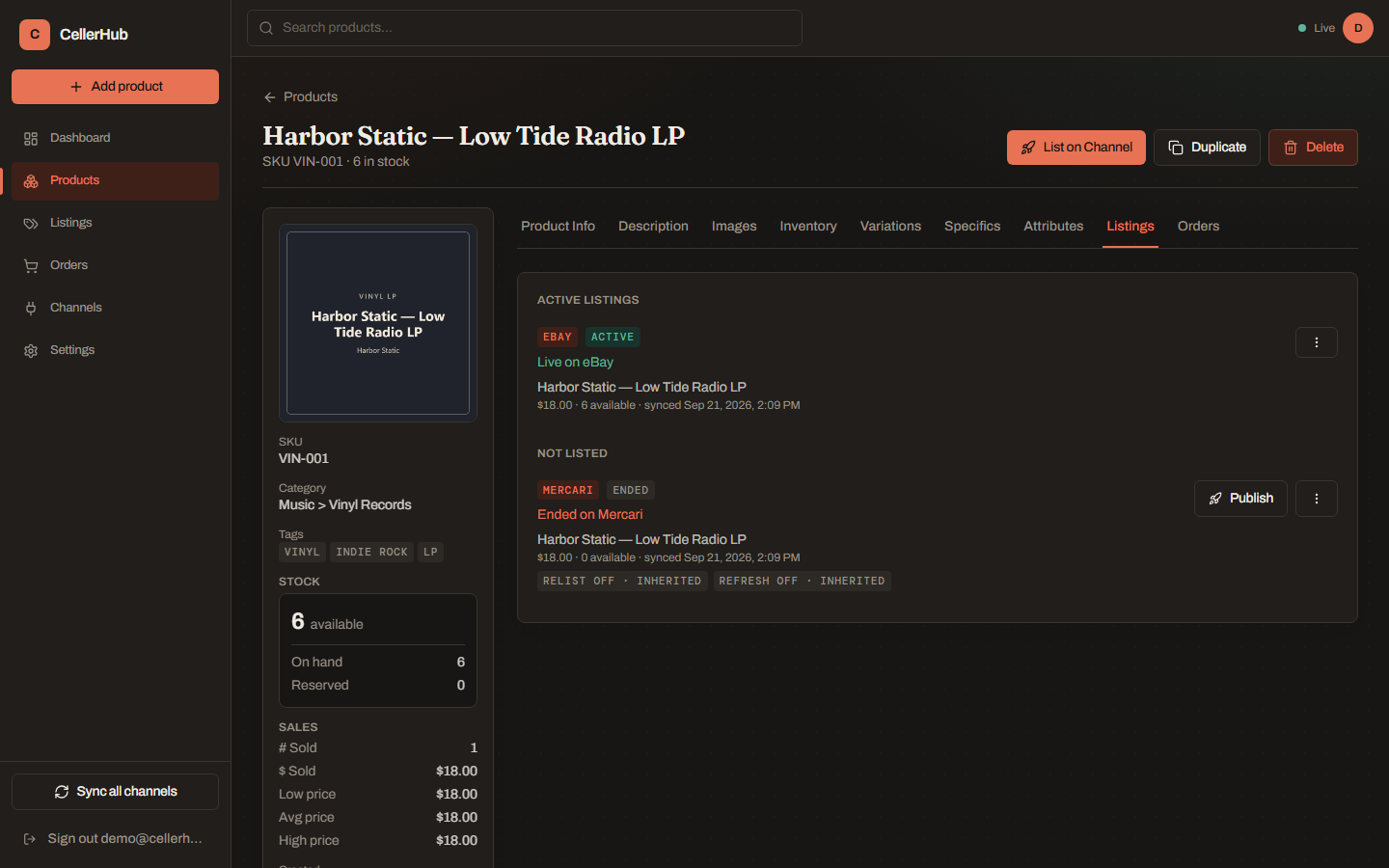 A product's Listings tab, with a Publish button for each connected channel.