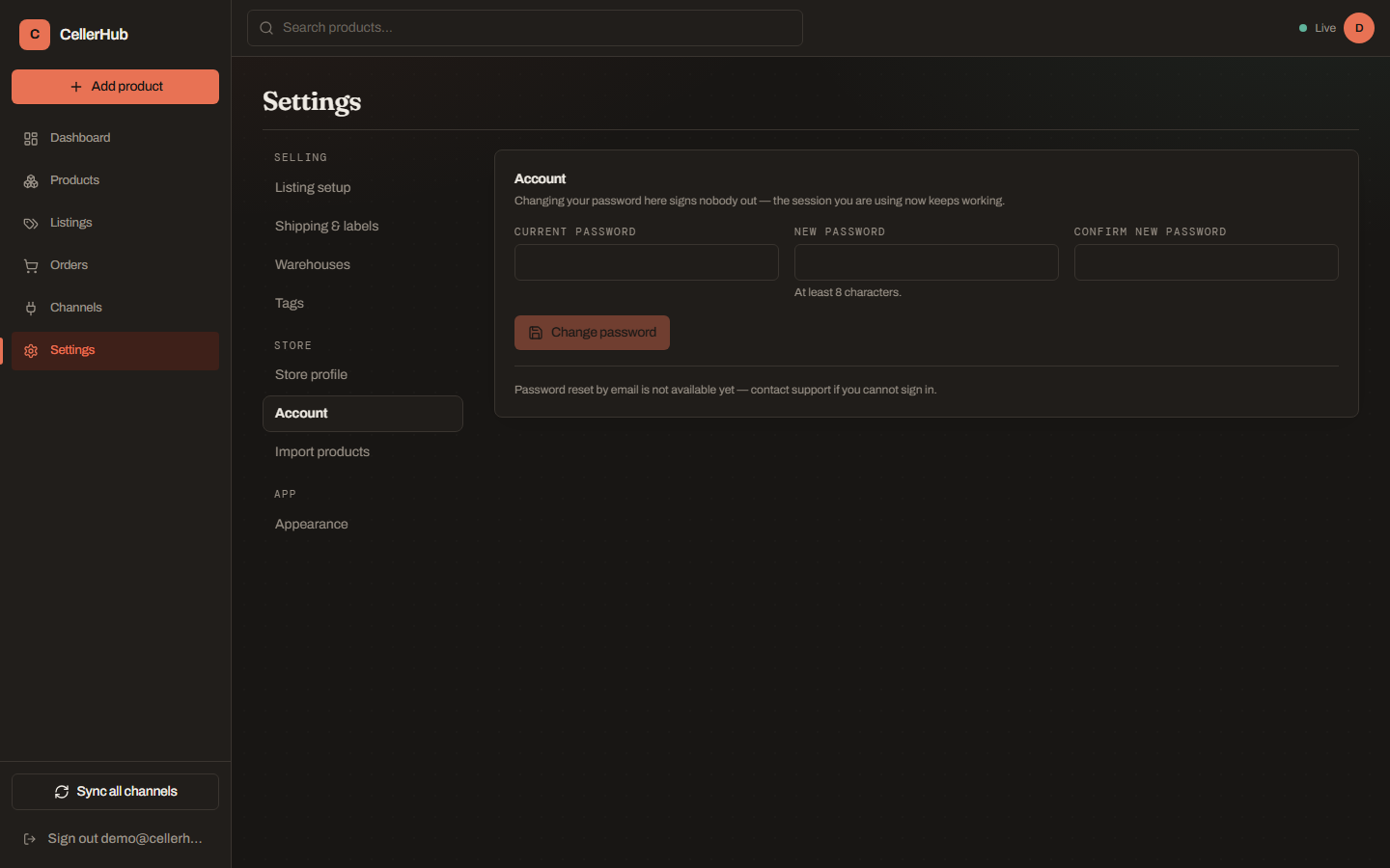 The Account settings page with current password, new password and confirm new password fields.