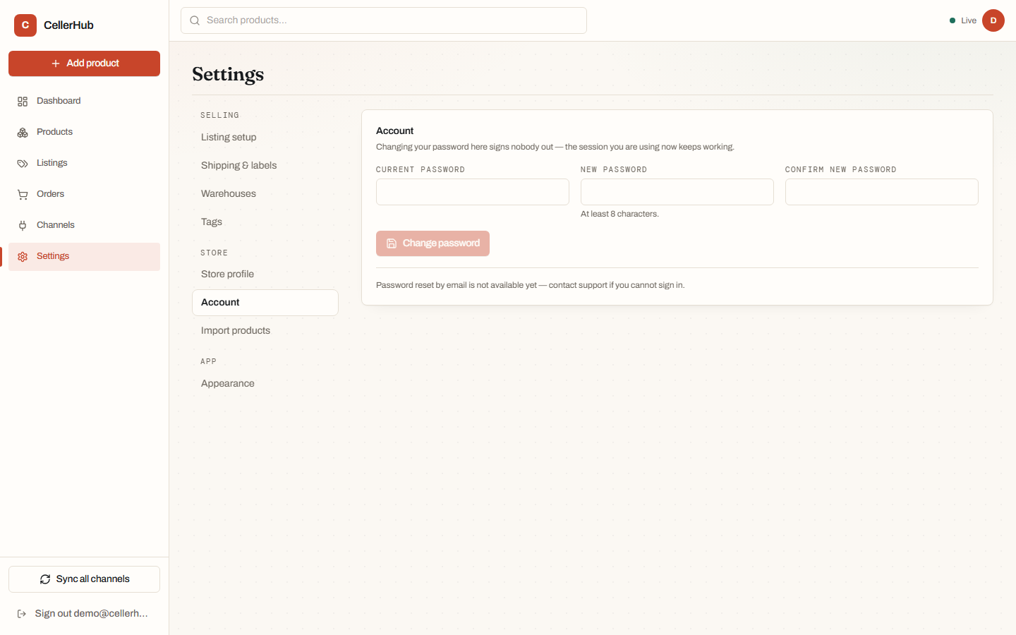 The Account settings page with current password, new password and confirm new password fields.