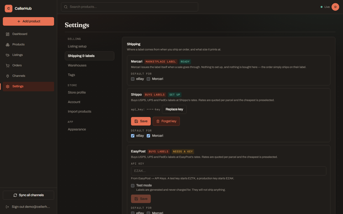 The Shipping and labels settings page, listing Mercari, Shippo, EasyPost, Pirate Ship and eBay labels as provider cards.