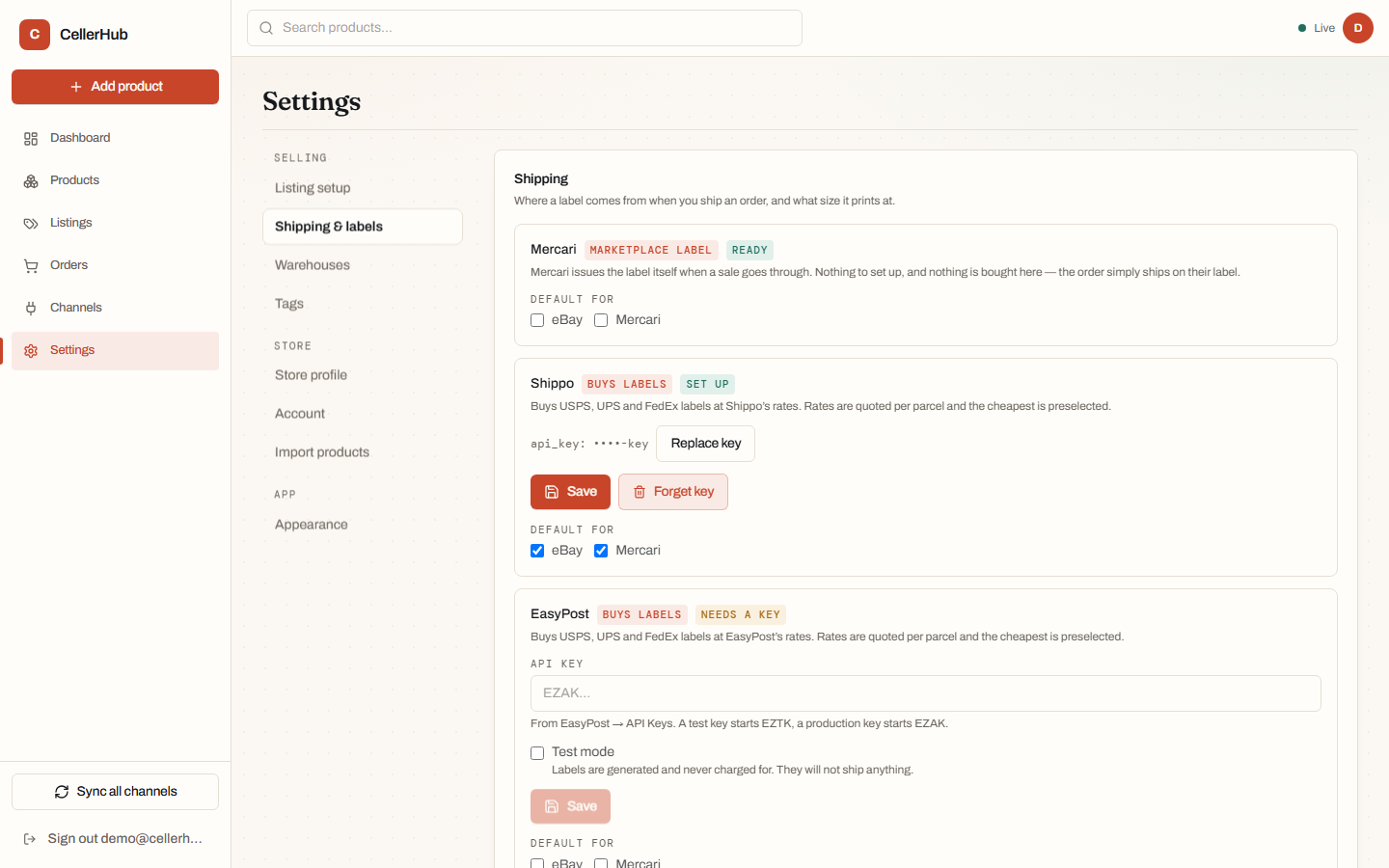 The Shipping and labels settings page, listing Mercari, Shippo, EasyPost, Pirate Ship and eBay labels as provider cards.