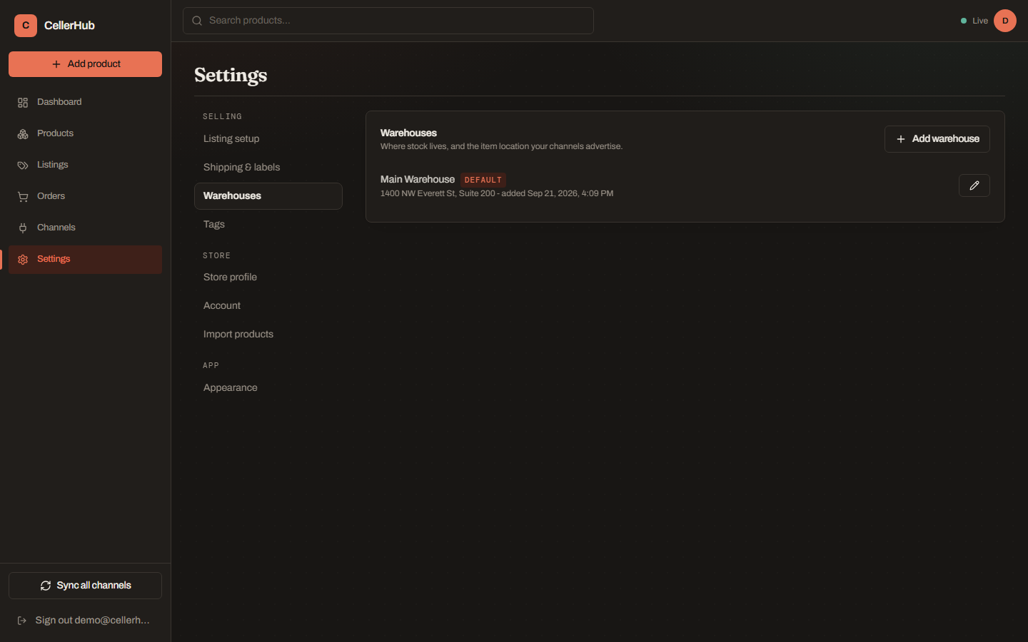 The Warehouses settings page, listing warehouses with their addresses and a default badge.