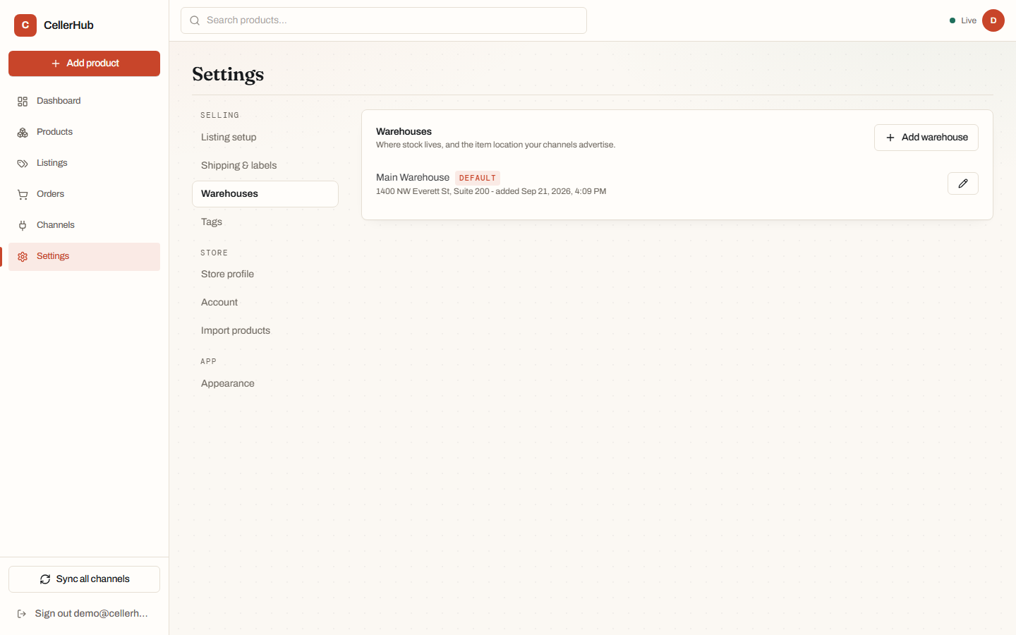 The Warehouses settings page, listing warehouses with their addresses and a default badge.