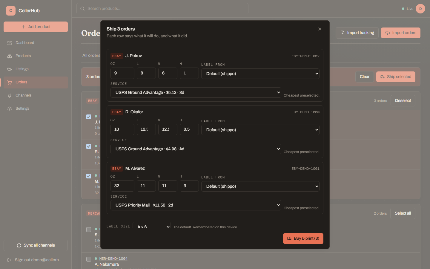 The ship dialog with one row per order, each with its own provider, rate, and outcome.