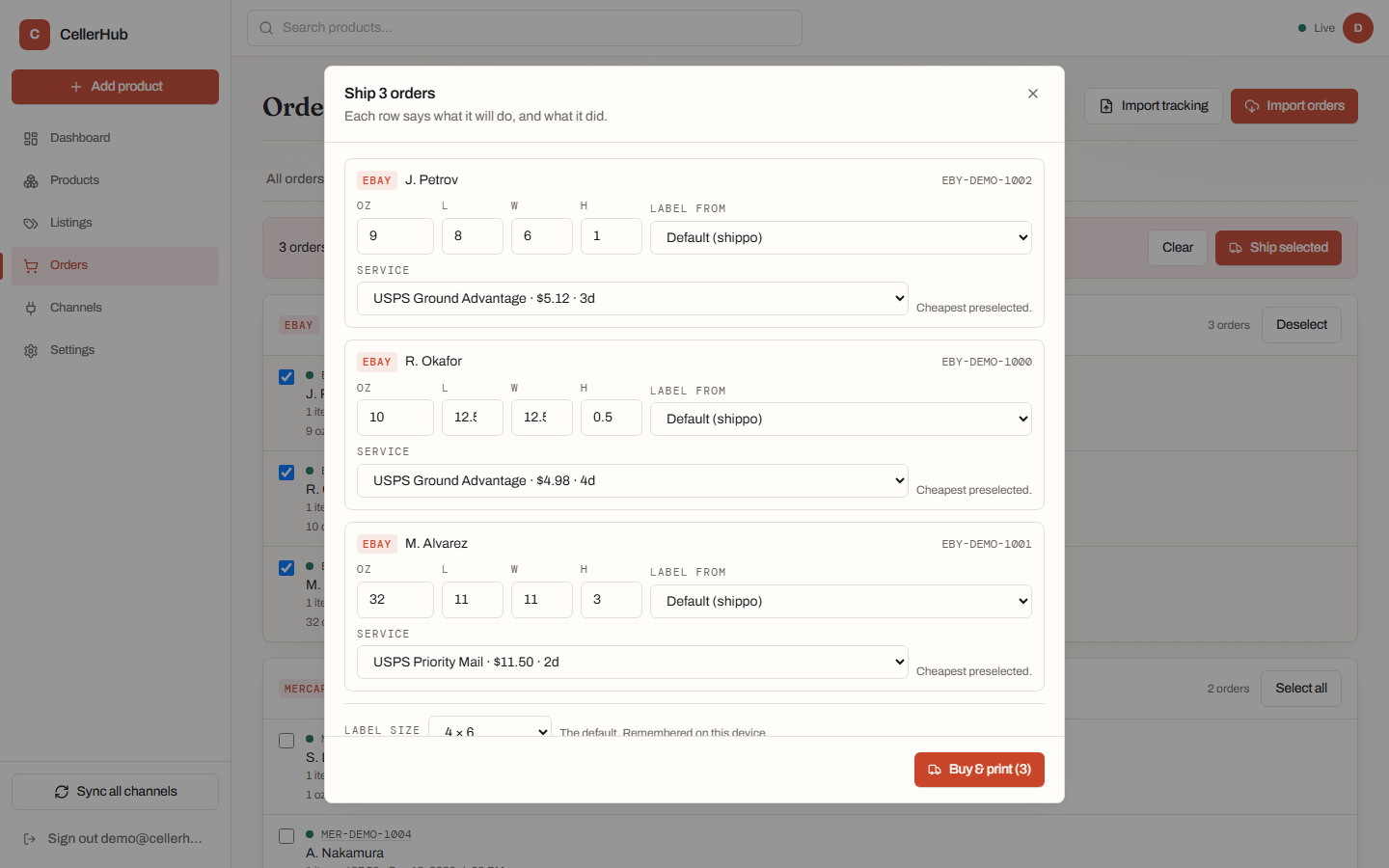 The ship dialog with one row per order, each with its own provider, rate, and outcome.