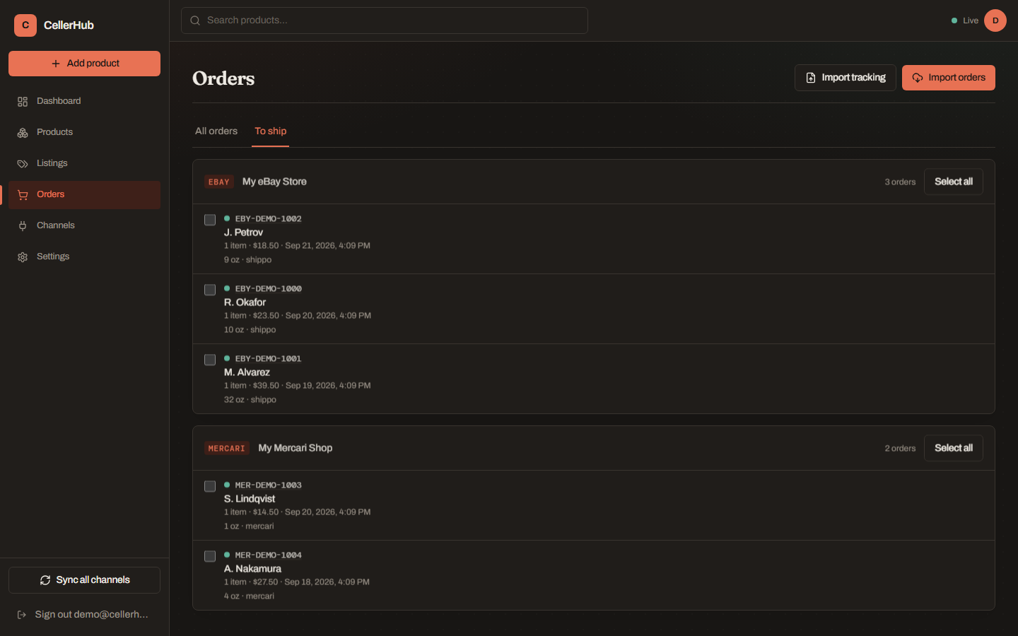 The to-ship list, showing paid orders each with a readiness indicator and a Print label action.