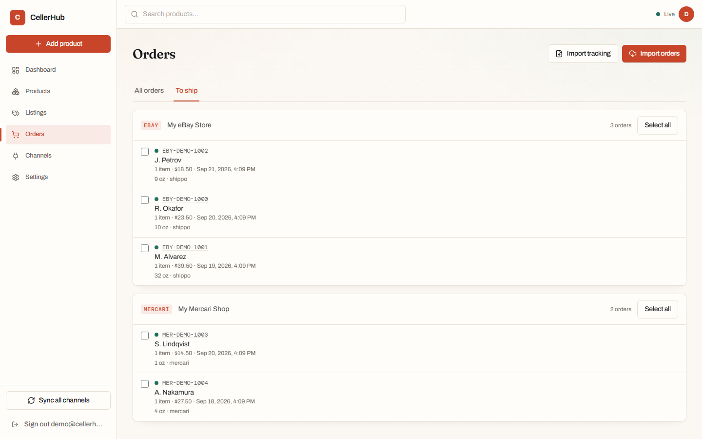 The to-ship list, showing paid orders each with a readiness indicator and a Print label action.